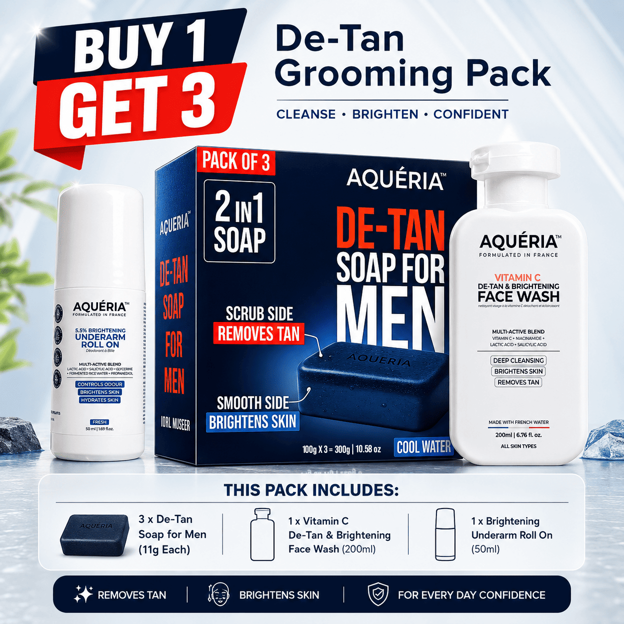 De-Tan Soap for Men (Pack of 3) + De- Tan Face Wash (200ml) + Roll on Fresh