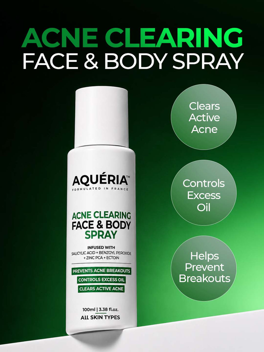 Body Acne Spray with Salicylic Acid, Benzoyl Peroxide & Zinc PCA | For Back & Body Breakouts | Fast-Drying 360° Spray