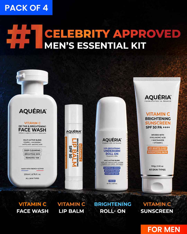 4 Products Brightening Vitamin C Combo for Men - Face Wash + Lip Balm + Brightening Roll-On + Sunscreen