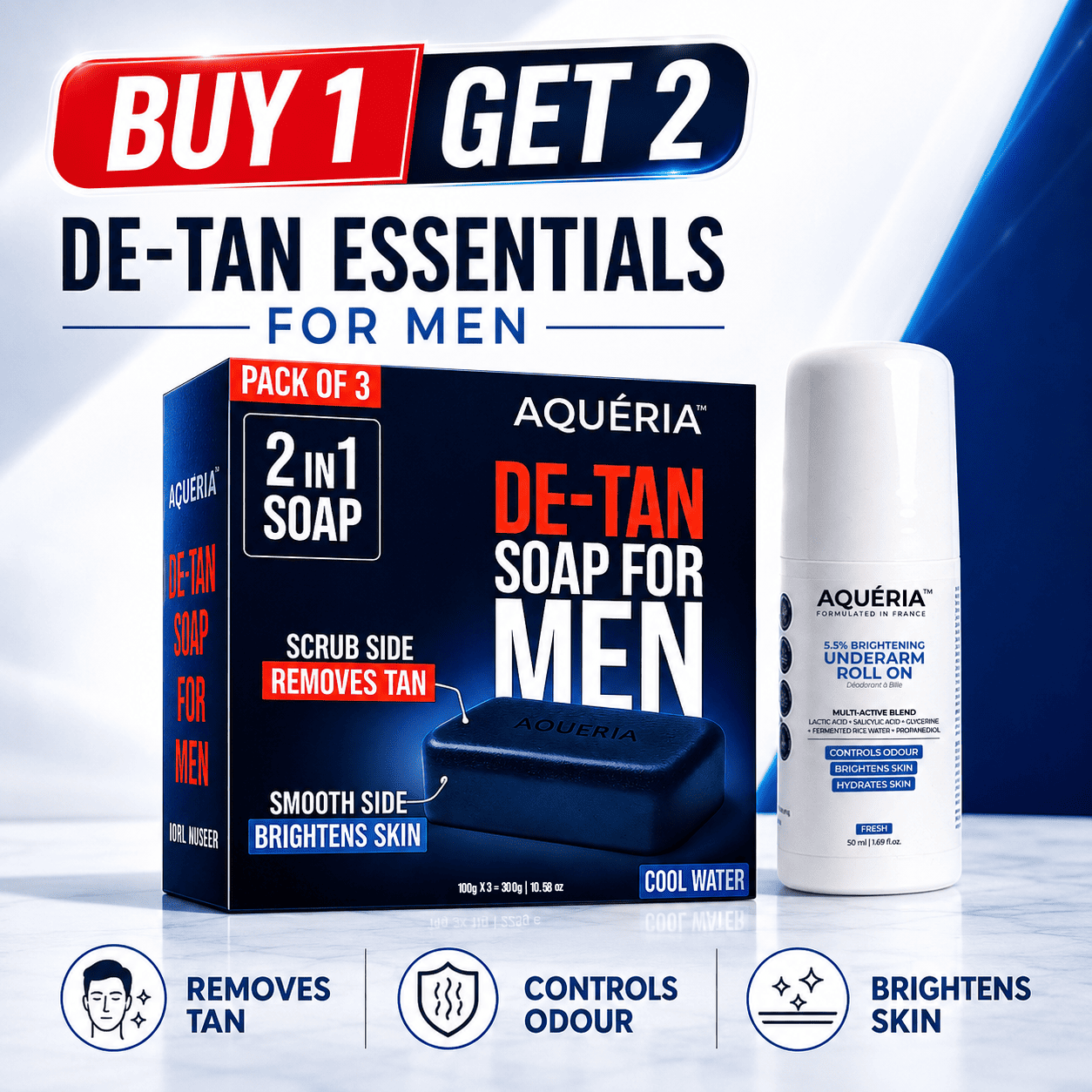 De-Tan Soap for Men Pack of 3 + Free Underarm Roll on