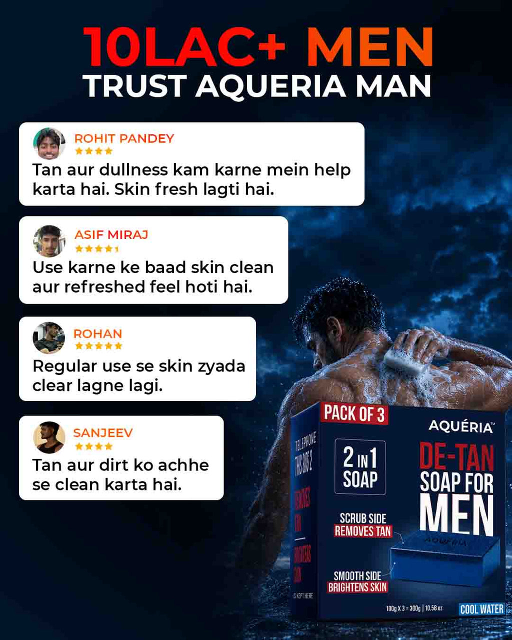 De-Tan Soap for Men (Pack of 3) + De- Tan Face Wash (200ml) + Underarm Roll on