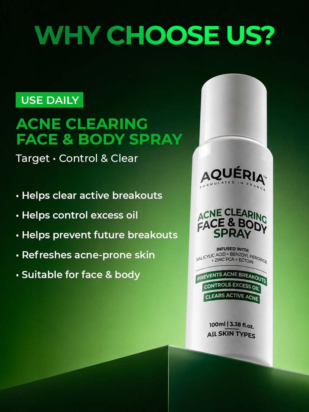 Body Acne Spray with Salicylic Acid, Benzoyl Peroxide & Zinc PCA | For Back & Body Breakouts | Fast-Drying 360° Spray