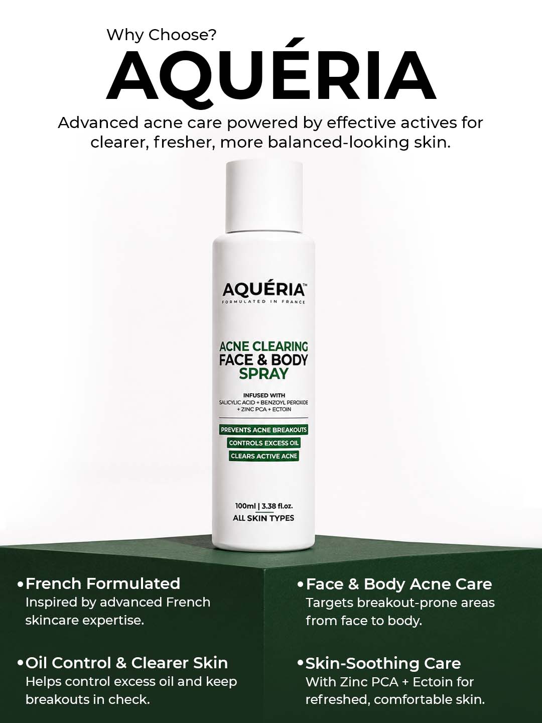 Body Acne Spray with Salicylic Acid, Benzoyl Peroxide & Zinc PCA | For Back & Body Breakouts | Fast-Drying 360° Spray