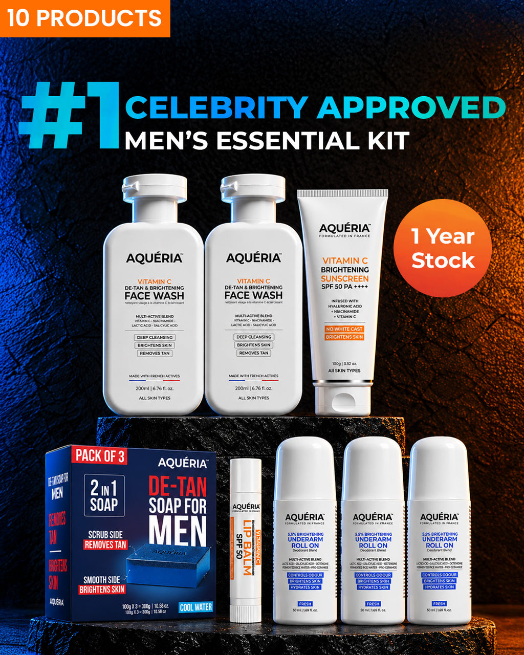 10 Products Men's Essential Kit – Face Wash + Lip Balm + Brightening Roll-On + Sunscreen (1 Year Stock)