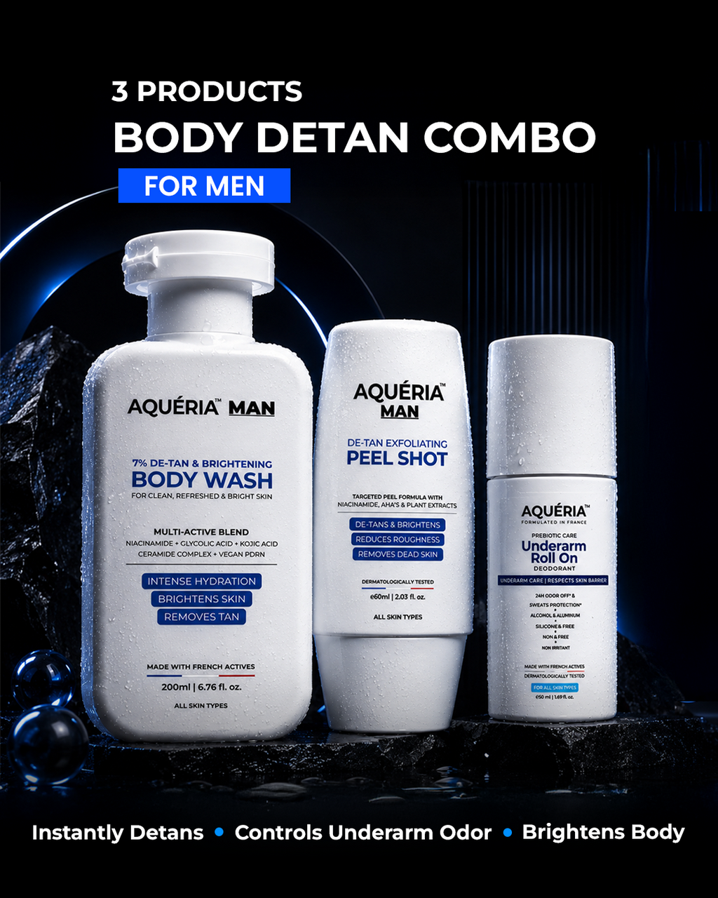 De-Tan Brightening Body Wash + FREE Instant De-Tan Peel Shot + Underarm Roll On