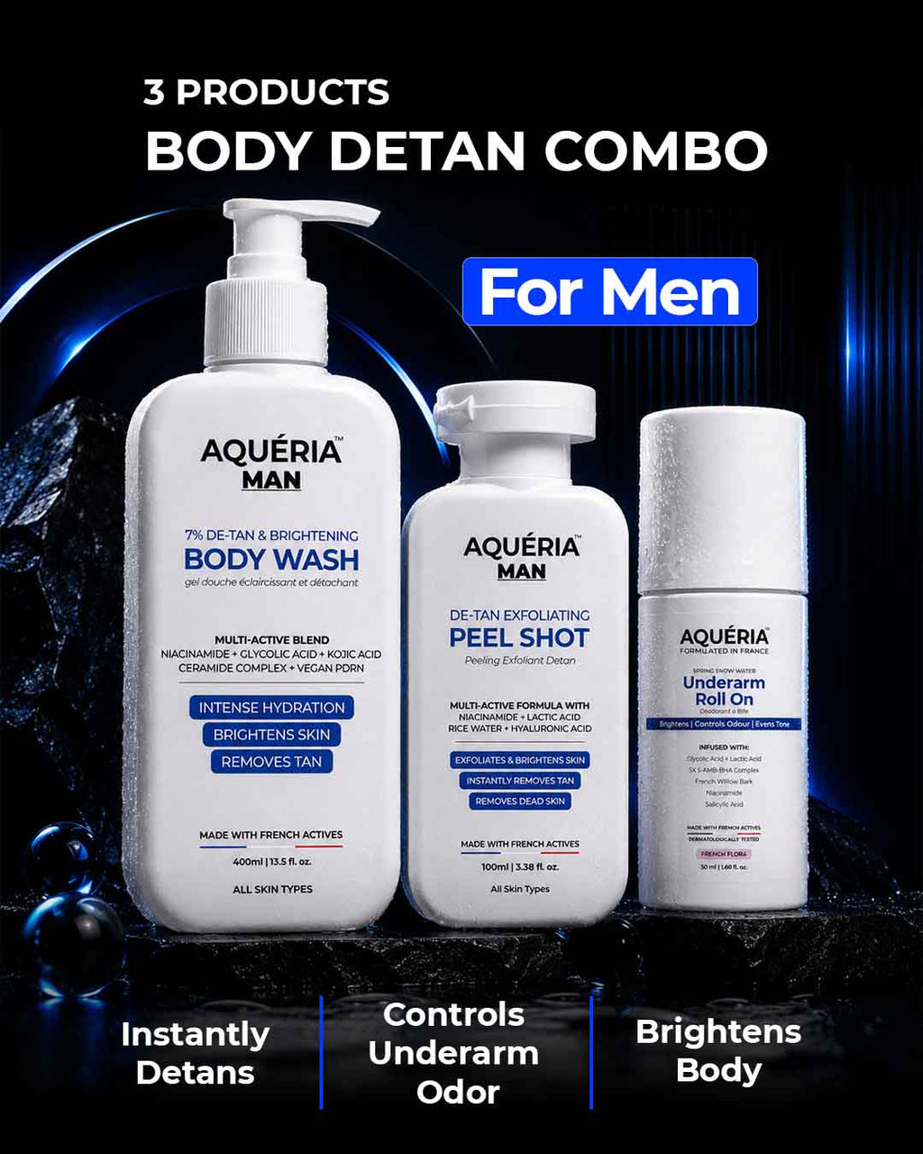 De-Tan Brightening Body Wash + FREE Instant De-Tan Peel Shot + Underarm Roll On