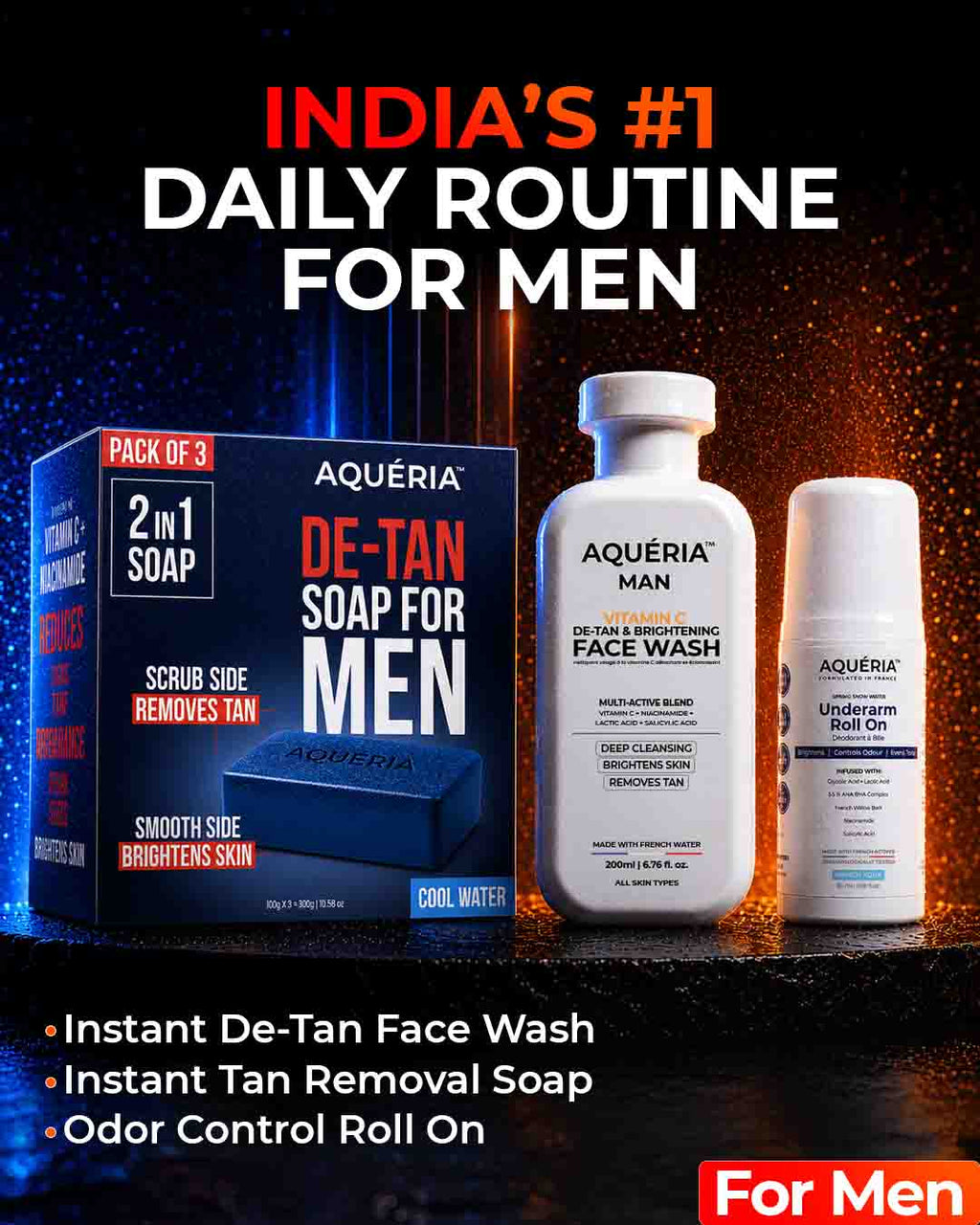 De-Tan Soap for Men (Pack of 3) + De- Tan Face Wash (200ml) + Underarm Roll on